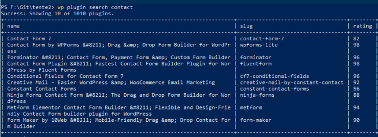 Pesquisa de plugins com o termo "contact" usando WP-CLI