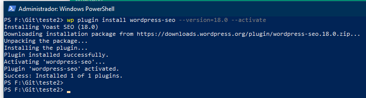 Instalando a versão 18.0 do Yoast SEO usando WP-CLI