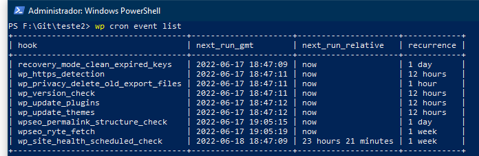 Listagem de eventos cron do WordPress usando WP-CLI